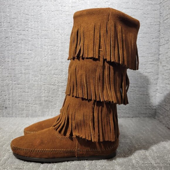 Minnetonka Shoes - Minnetonka Moccasins 3 Layer Fringe Women's Size 5 Brown Suede Calf High Boots